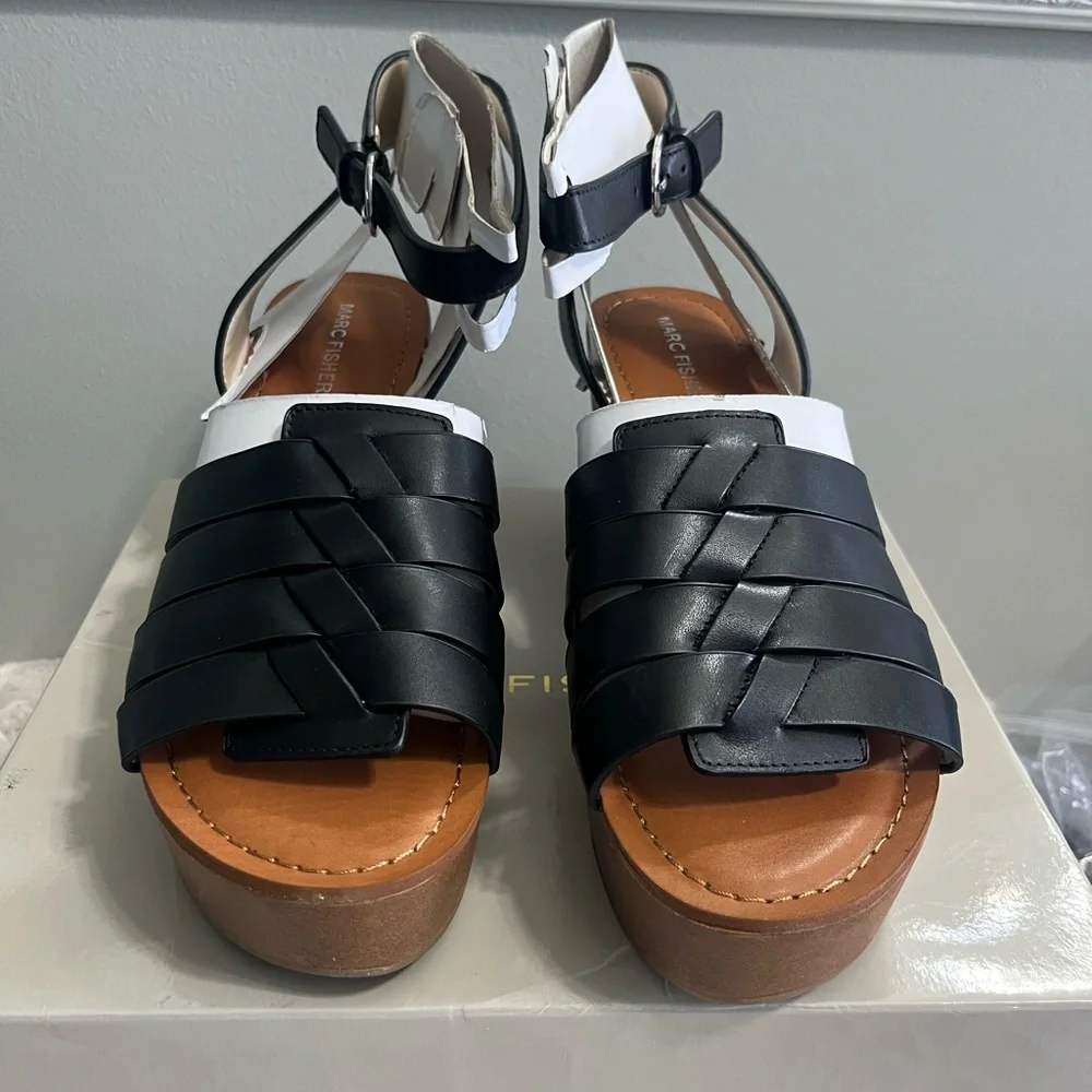 Marc Fisher Pastya ankle‎ strap heel wedge sandal black NEW 10